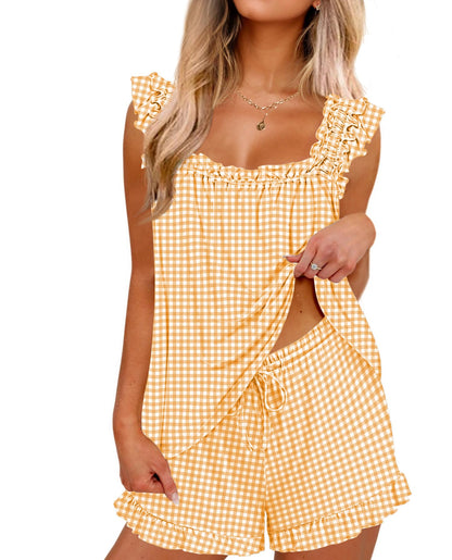 Ekouaer Pajama for Women Set 2 Piece Ruffle Pjs Soft Tank Top and Shorts