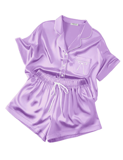 Ekouaer Womens Silk Satin Pajama Set, 2 Piece Heart Embroidery Short Sleeve Button Down Pjs Set for Bridal Party