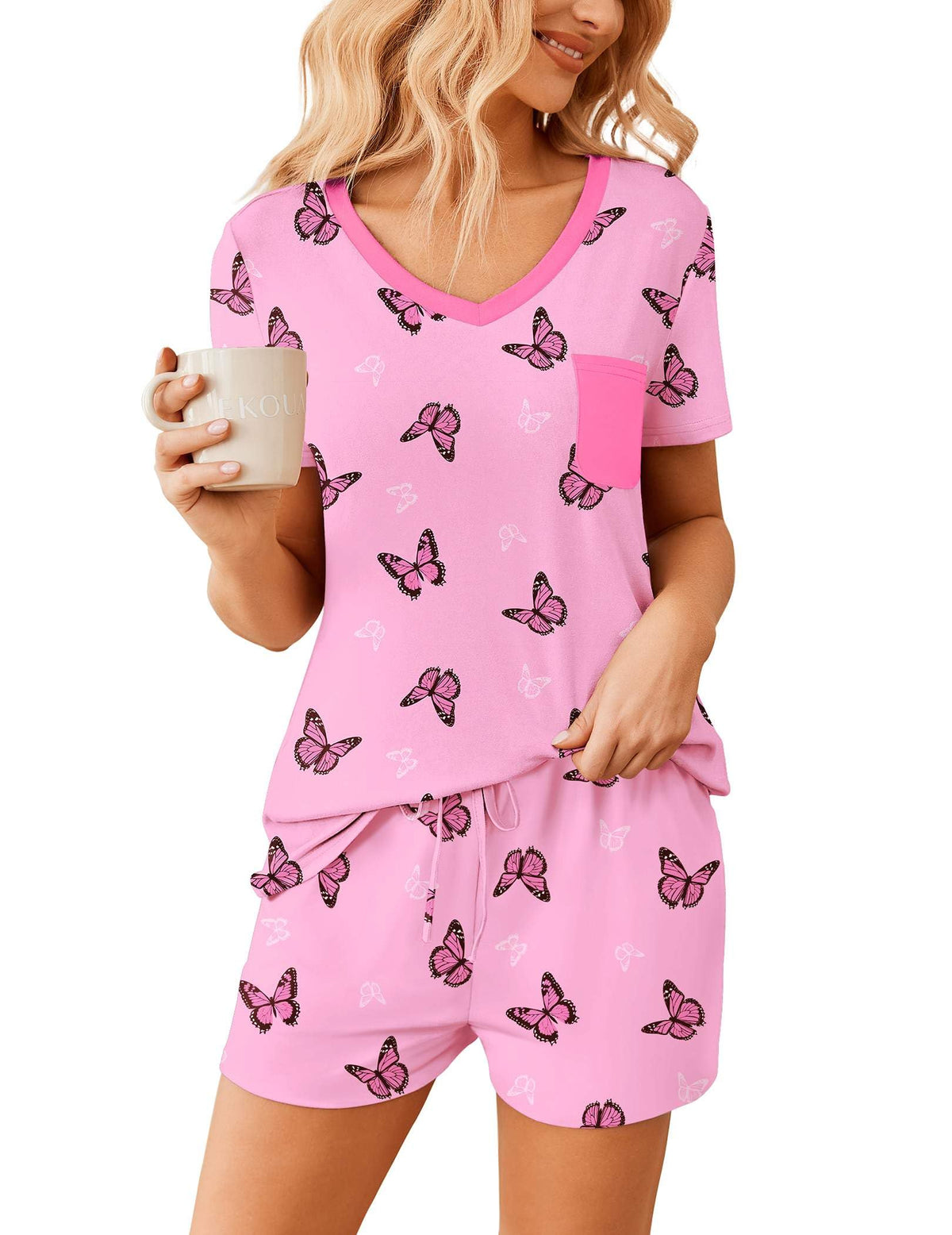 Ekouaer Womens Pajama Sets Shorts Soft 2 Piece Lounge Set with Chest Pocket