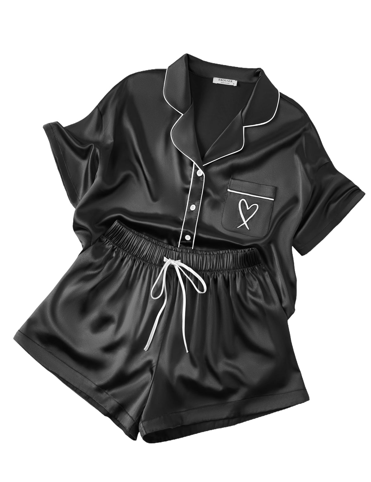 Ekouaer Womens Silk Satin Pajama Set, 2 Piece Heart Embroidery Short Sleeve Button Down Pjs Set for Bridal Party