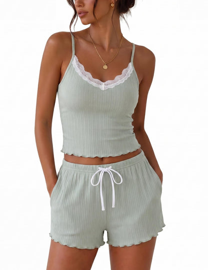 Ekouaer Womens Lace Cami Pajama Lingerie Sets 2 Piece Shorts with Pockets