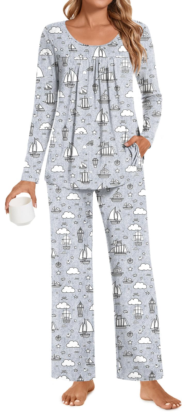 POPYOUNG Womens Pajama Set 2 Pieces Fall Pjs Comfy Sleepwear with Pockets
