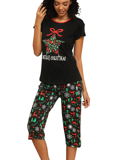 ENJOYNIGHT Womens Pajama Set Cotton Short Sleeve Top With Capri Pants Pj