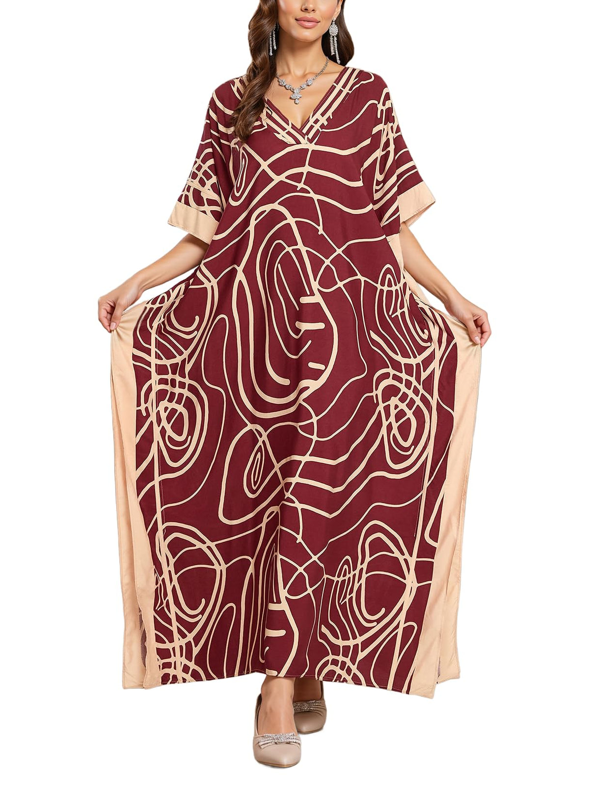 NFVNKJ Plus Size Mumu Dresses for Women - Boho Batwing Sleeve Caftan with Side Slits, Long Moo Moo Nightgown & Beach Cover Up