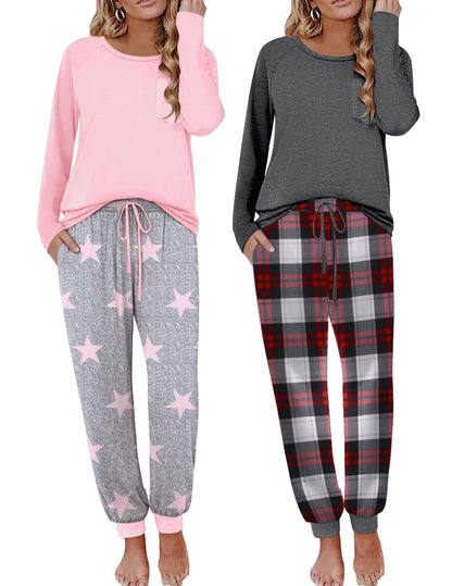 Ekouaer 2 Pack Womens Pajama Sets Long Sleeve Pjs Soft Comfy Lounge Set