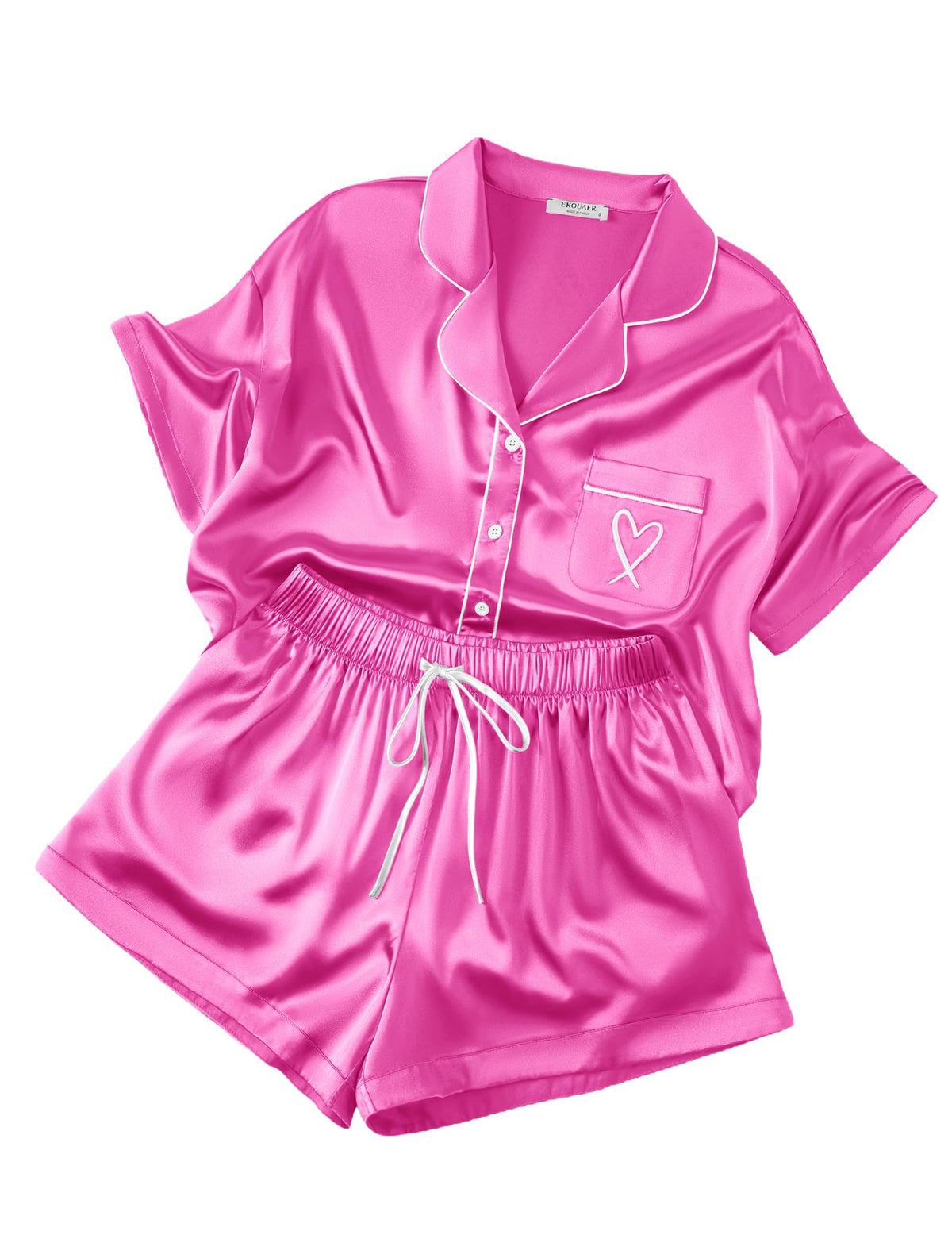Ekouaer Womens Silk Satin Pajama Set, 2 Piece Heart Embroidery Short Sleeve Button Down Pjs Set for Bridal Party