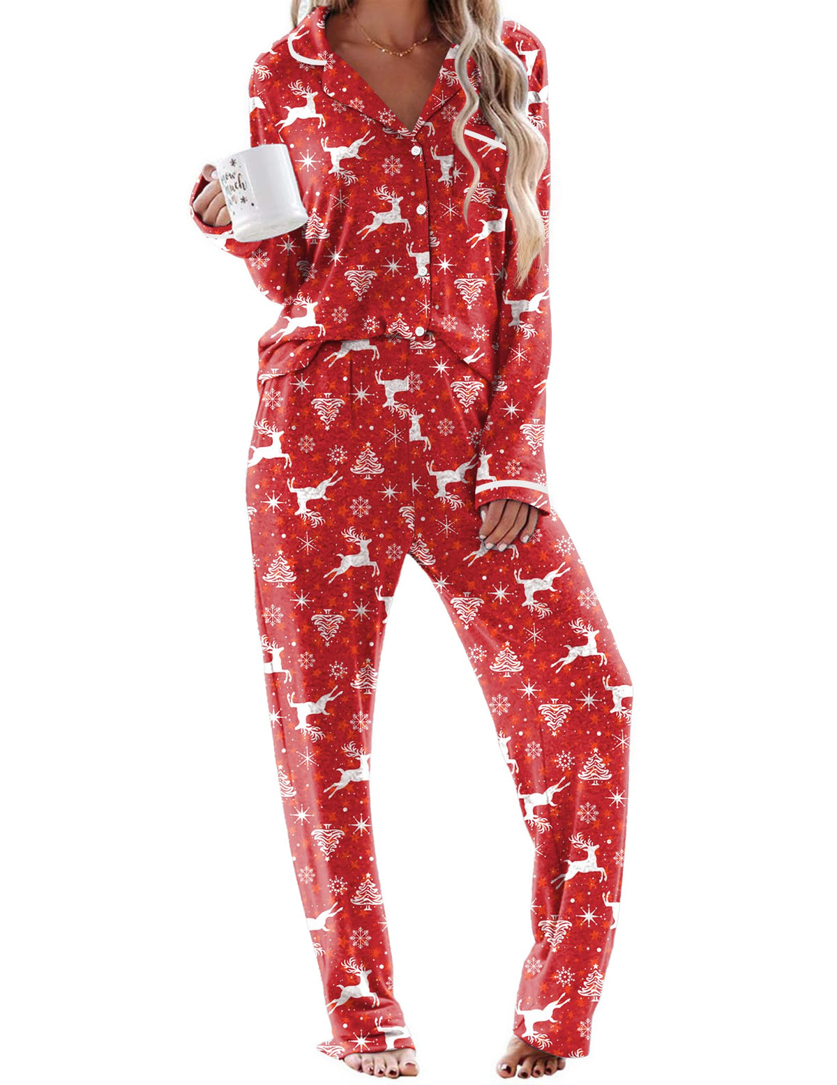 Ekouaer Womens Pajama Sets Long Sleeve Button Down 2 Piece Lounge Set