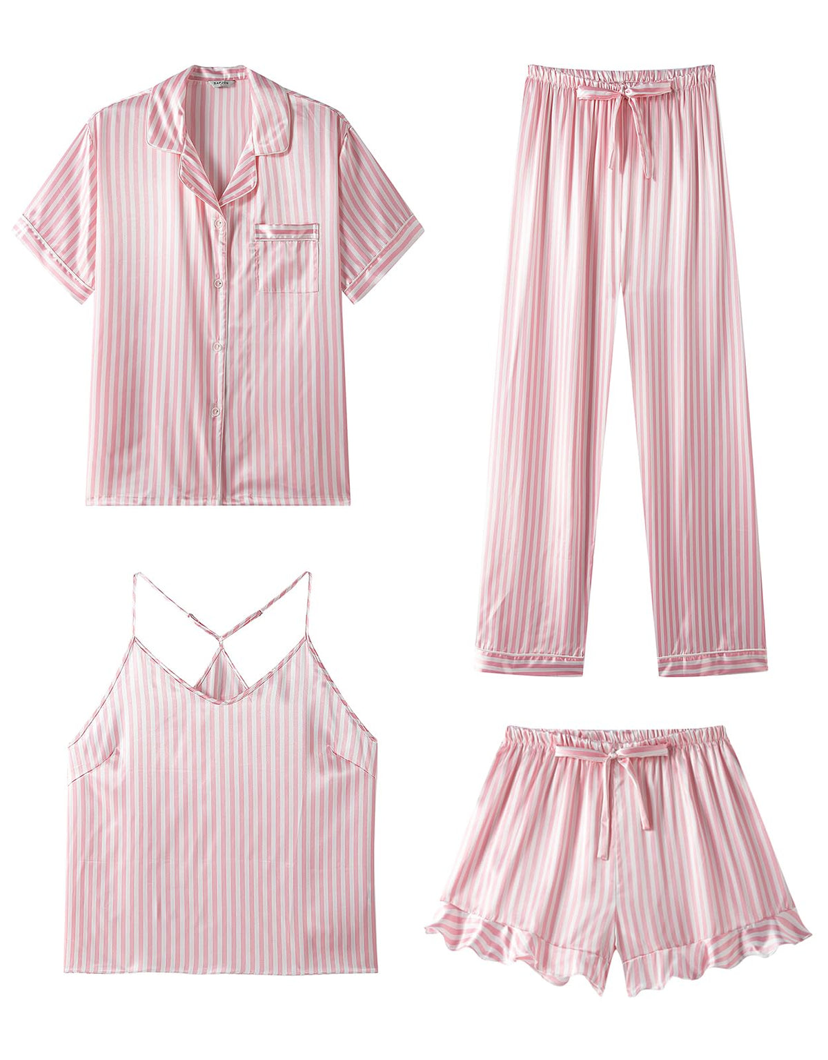 SAPJON Silk Satin 4 Piece Pajamas for Women Set, Camisole Lounge Ruffle Pjs