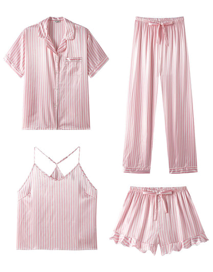 SAPJON Silk Satin 4 Piece Pajamas for Women Set, Camisole Lounge Ruffle Pjs