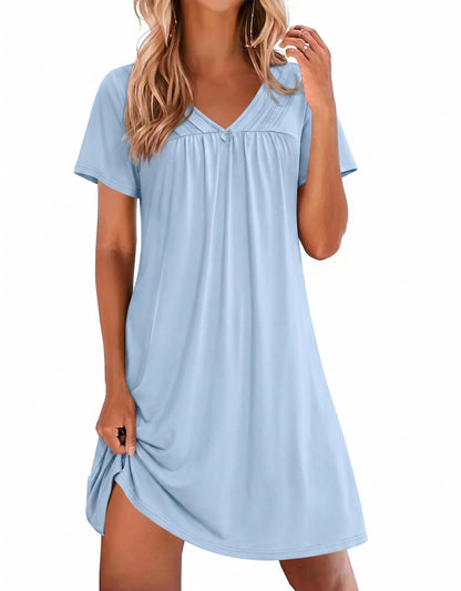 Ekouaer Nightgowns for Women V Neck Sleepshirt Short Sleeve Nightdress Lace Trim Night Gown House Dress with Pockets