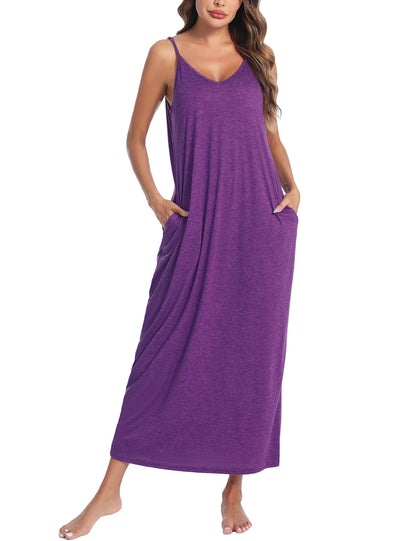Marvmys Women's Cotton Long Nightgowns Sleeveless Sleep Dress with Pockets
