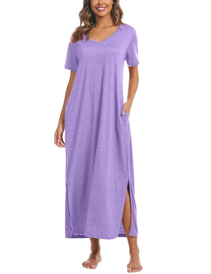 Marvmys Women Short Sleeve Nightgown Cotton Long Nightshirts with Pocket
