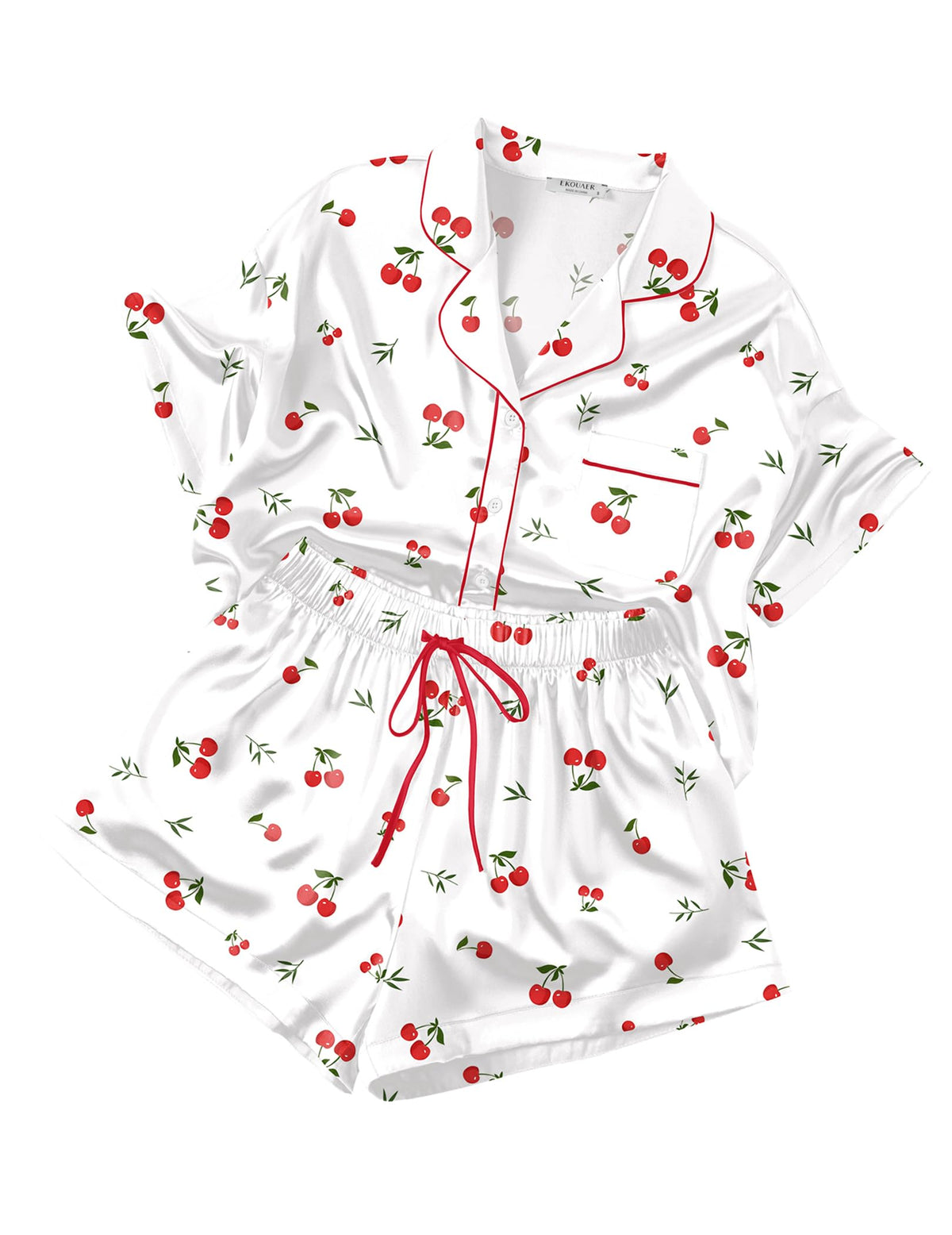 Ekouaer Womens Silk Satin Pajama Set, 2 Piece Heart Embroidery Short Sleeve Button Down Pjs Set for Bridal Party