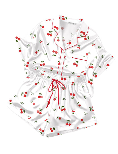 Ekouaer Womens Silk Satin Pajama Set, 2 Piece Heart Embroidery Short Sleeve Button Down Pjs Set for Bridal Party