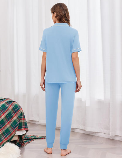 Ekouaer Women Pajama Set Short Sleeve Button Down Pjs with Jogger Pants