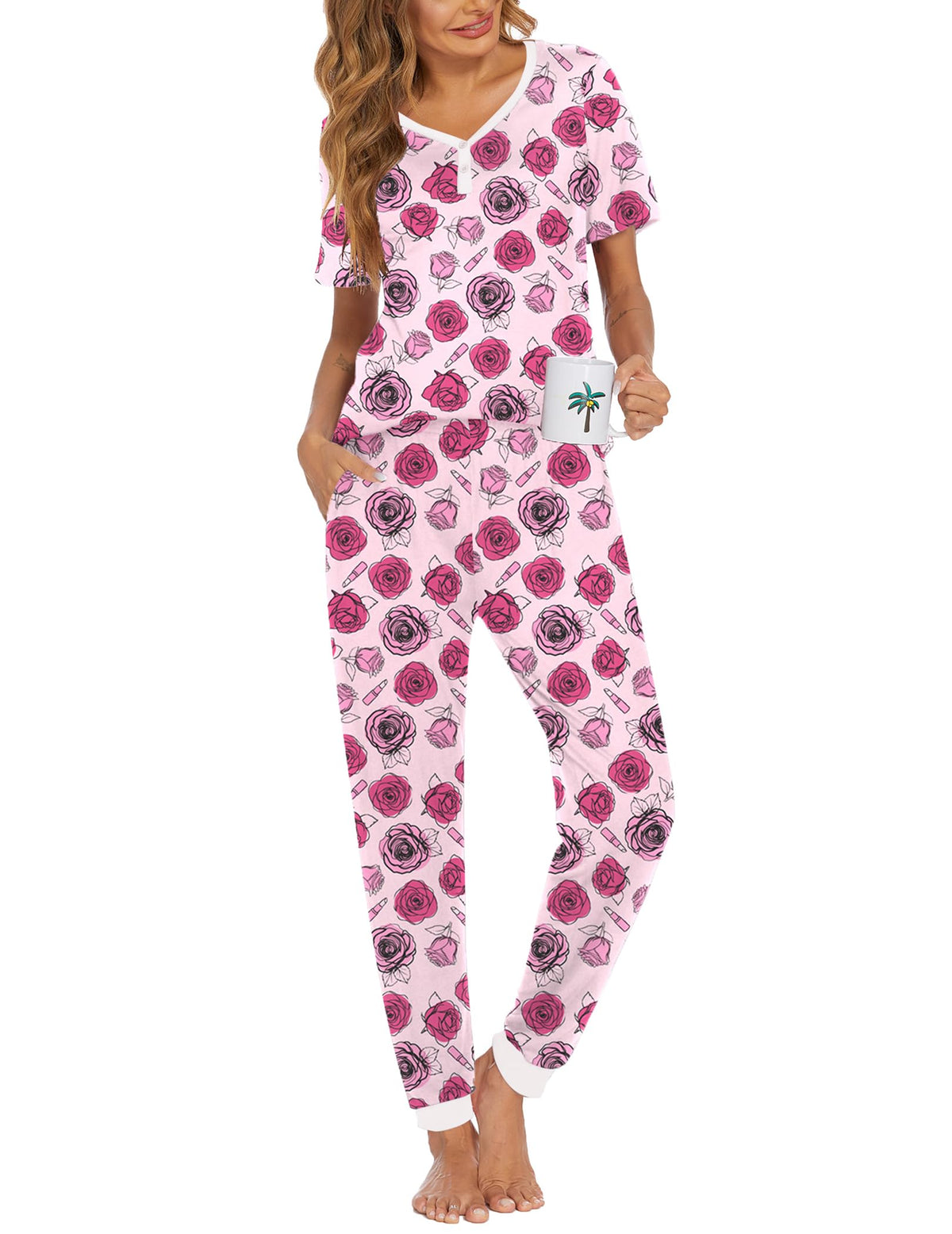Ekouaer Pajamas for Women Set 2 Piece Short Sleeve Fall Pjs with Pockets