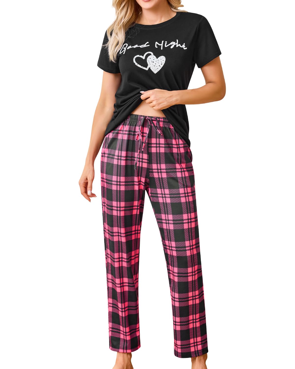 difficort Womens Pajama Sets Short Sleeve Long Pants Sleepwear with Pockets