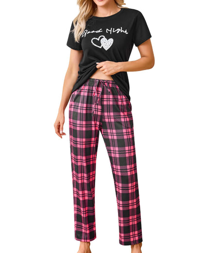 difficort Womens Pajama Sets Short Sleeve Long Pants Sleepwear with Pockets