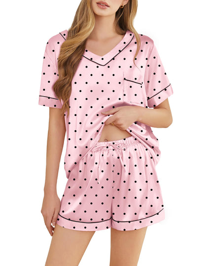 Silk Pajamas for Women Short Sleeve Satin 2 Piece Pj Set Soft V Neck Sleepwear Loungewear, S-XXL