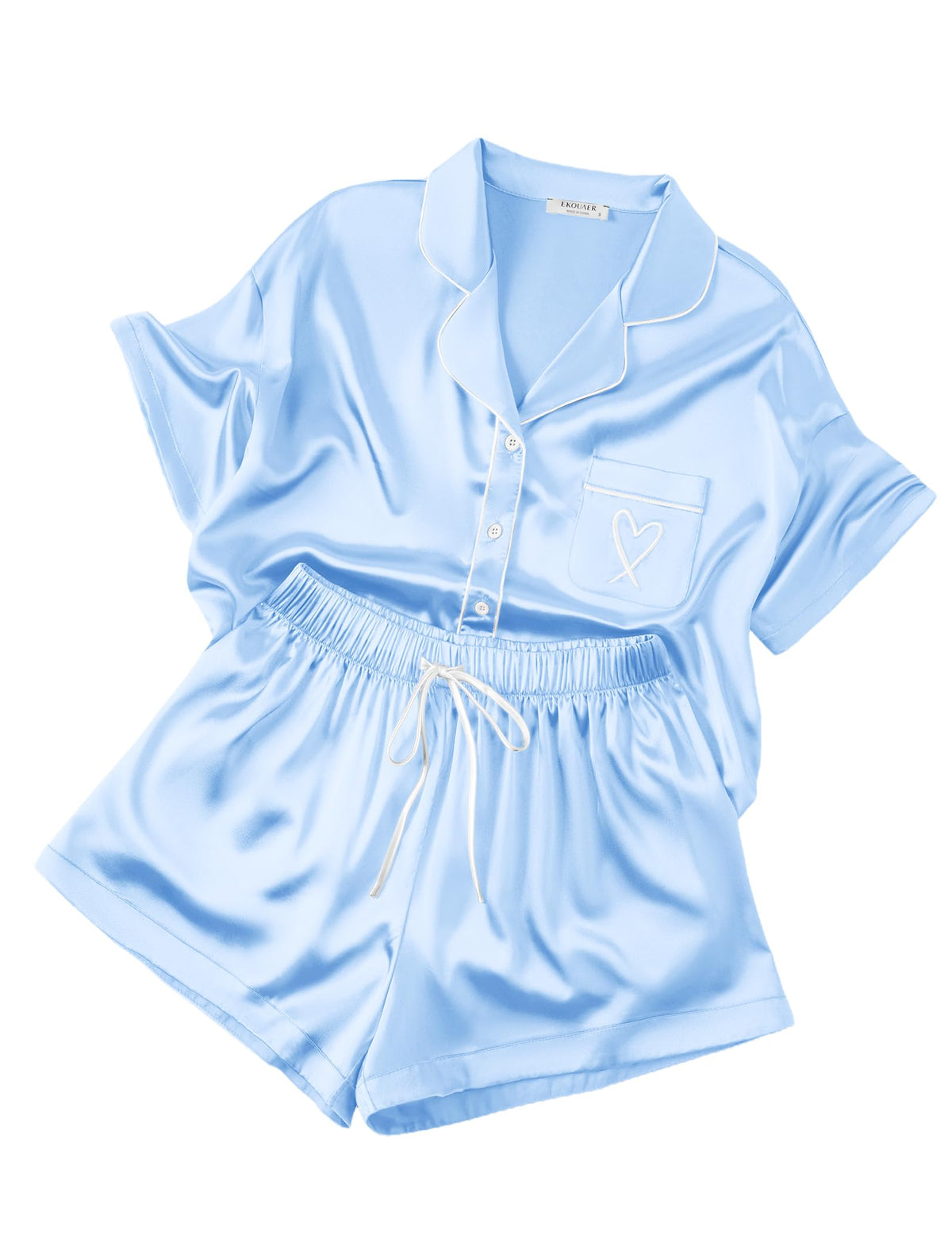 Ekouaer Womens Silk Satin Pajama Set, 2 Piece Heart Embroidery Short Sleeve Button Down Pjs Set for Bridal Party