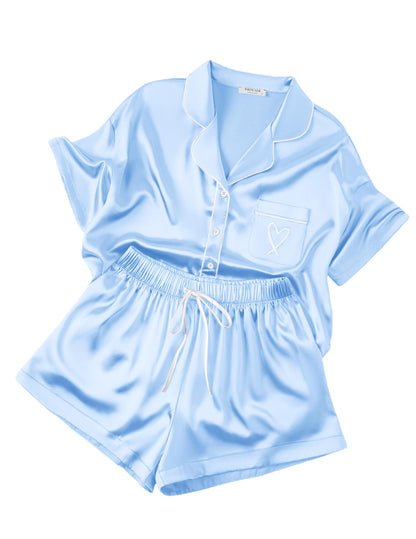 Ekouaer Womens Silk Satin Pajama Set, 2 Piece Heart Embroidery Short Sleeve Button Down Pjs Set for Bridal Party