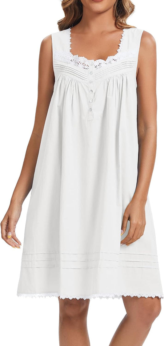 AVIIER 100% Cotton Nightgowns for Women Sleeveless Night Gown with Pockets