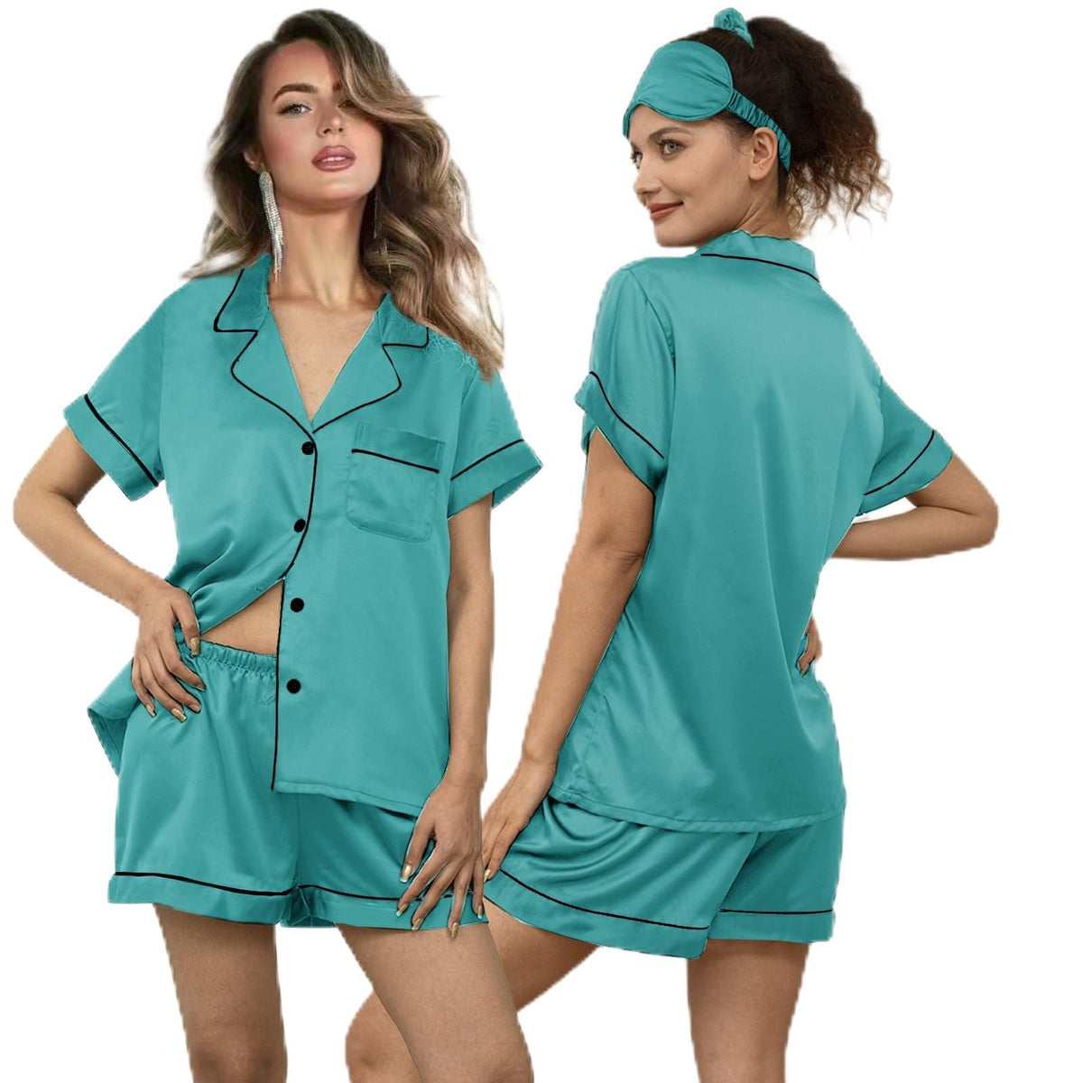 WJing Yi Jia 5Pcs Womens Soft Satin Pajama Set XS-4XL Button-Down Silk Pajamas Floral Sleepwear Bridal Pjs Lounge Pj Sets