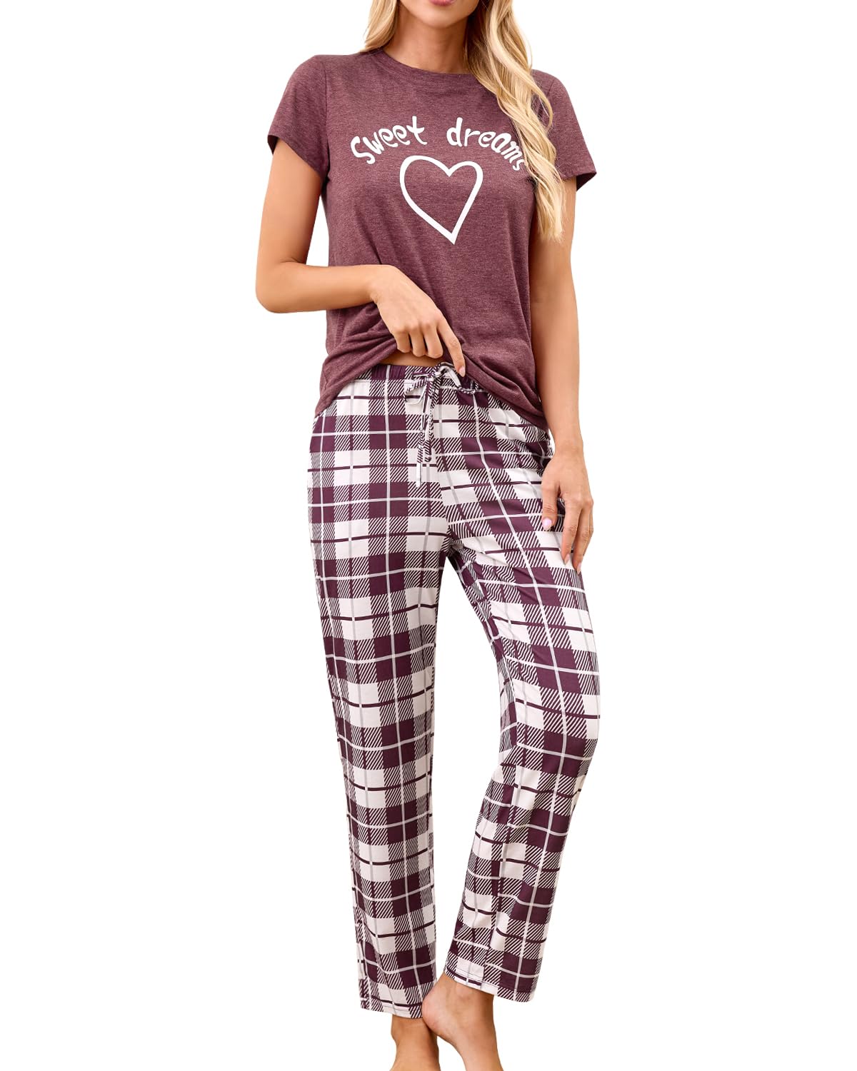 difficort Womens Pajama Sets Short Sleeve Long Pants Sleepwear with Pockets