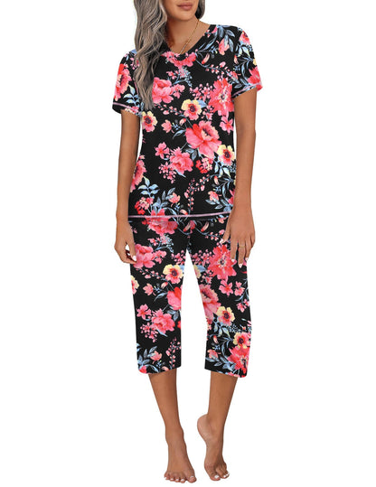 Ekouaer Women's Capri Pajama Sets Short Sleeve Two Piece Summer Lounge Sets