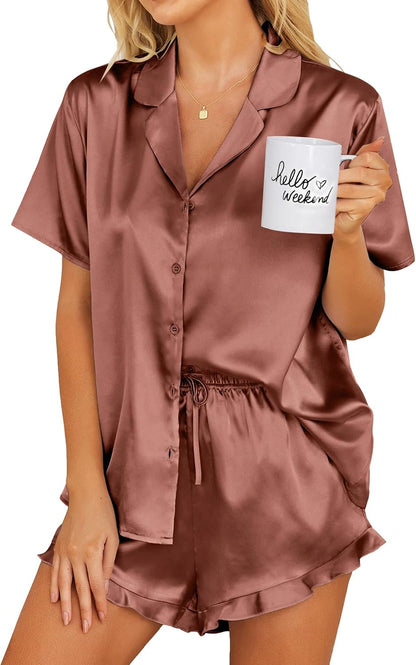 Ekouaer Womens Satin Pajamas Set Button Down Silk Pj Shorts Set with Ruffle