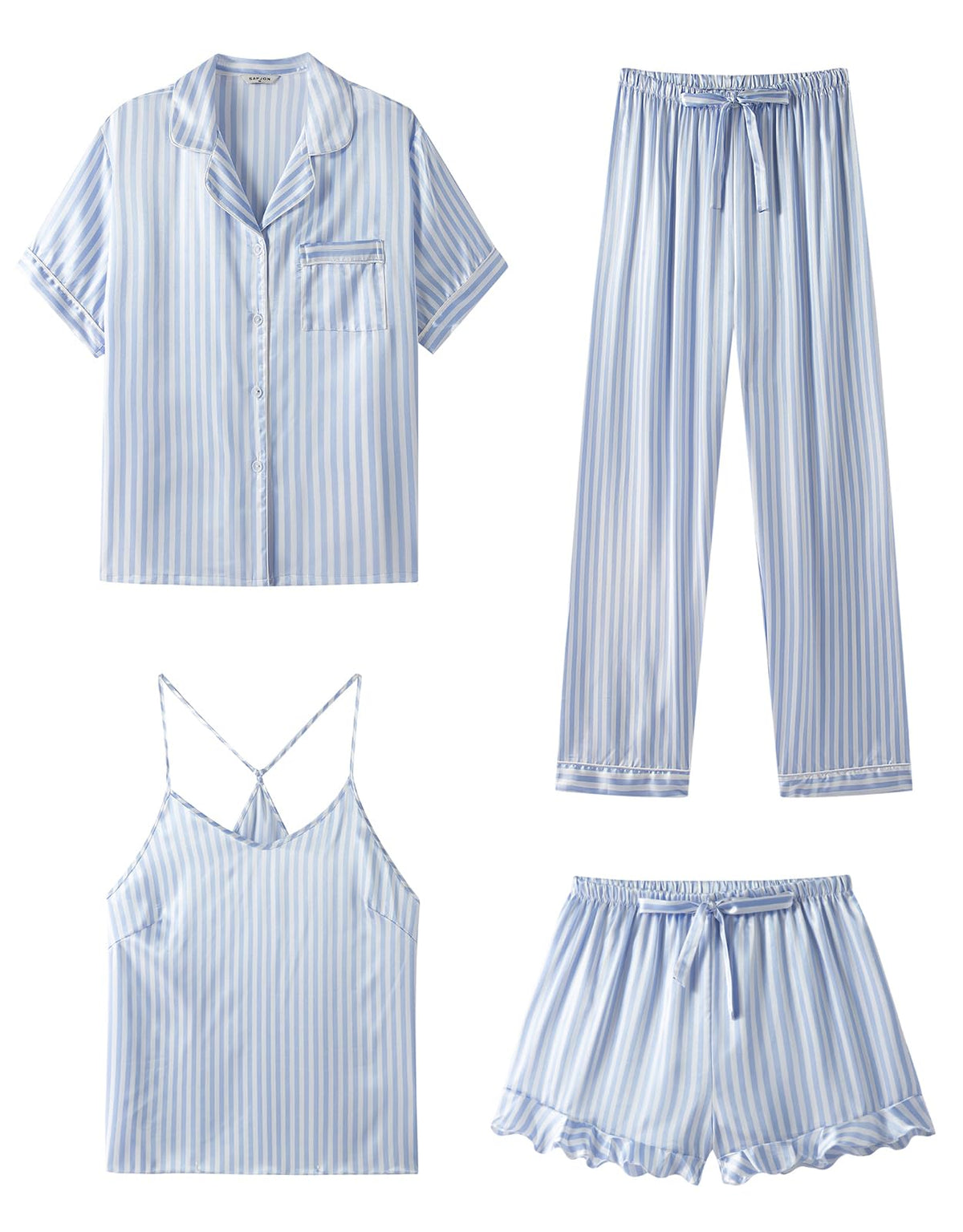 SAPJON Silk Satin 4 Piece Pajamas for Women Set, Camisole Lounge Ruffle Pjs