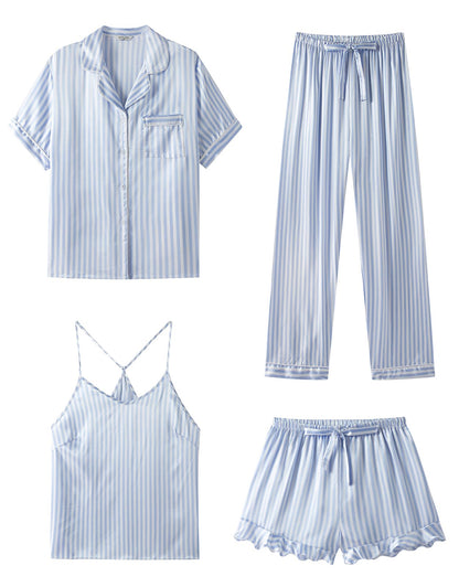 SAPJON Silk Satin 4 Piece Pajamas for Women Set, Camisole Lounge Ruffle Pjs