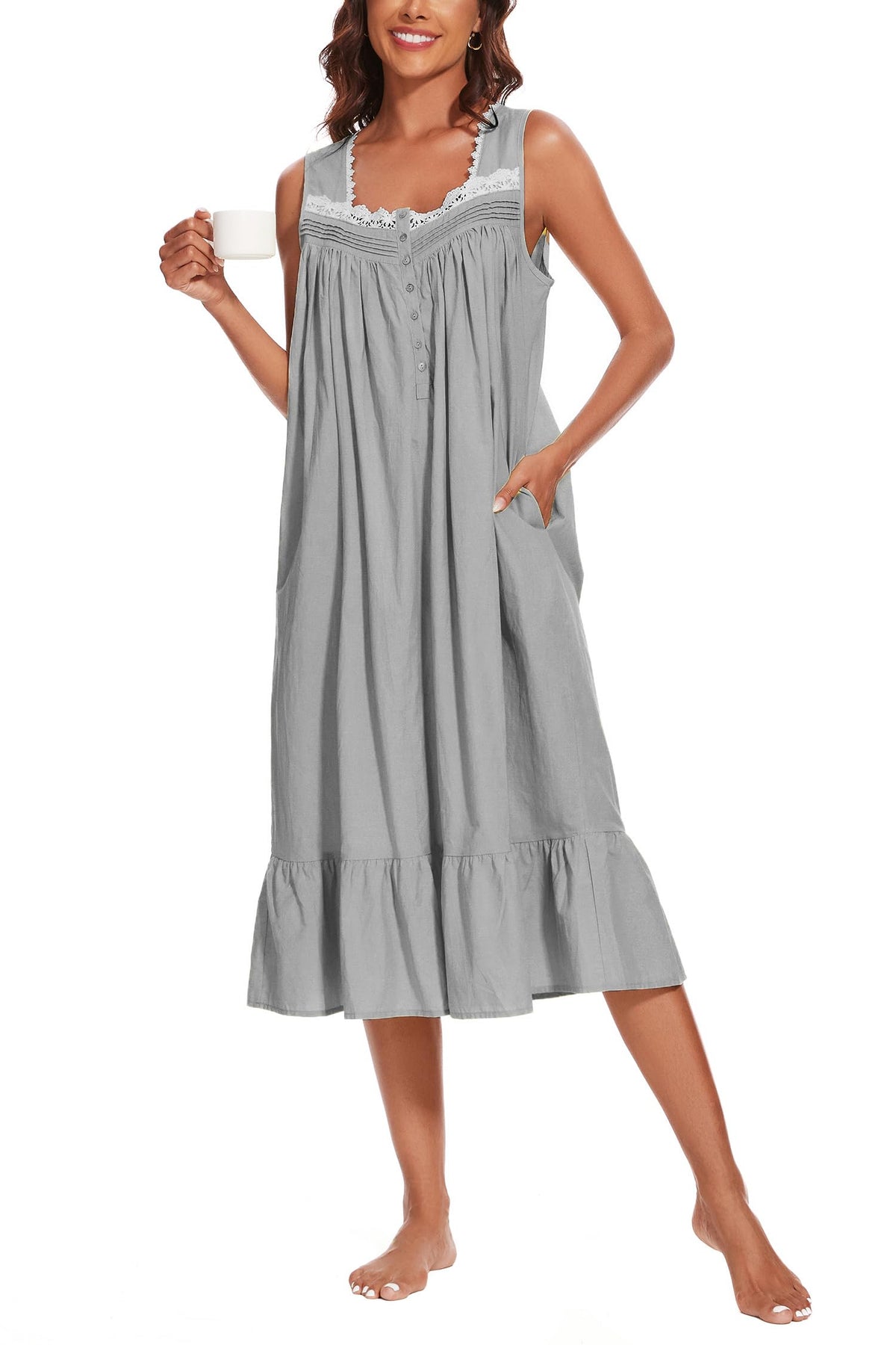 AVIIER 100% Cotton Nightgowns for Women Sleeveless Sleep Dress Ladies Gowns Sleepwear with Pockets