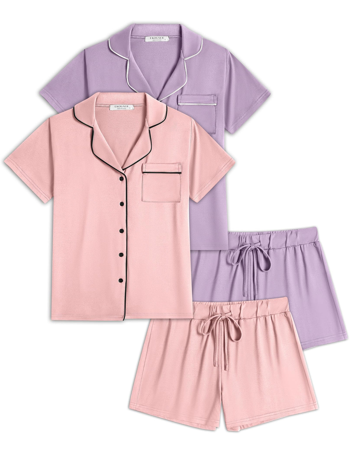 Ekouaer Womens Pajamas Set 2 Pack Button Down Summer Short Sleeve Pjs S-XXL