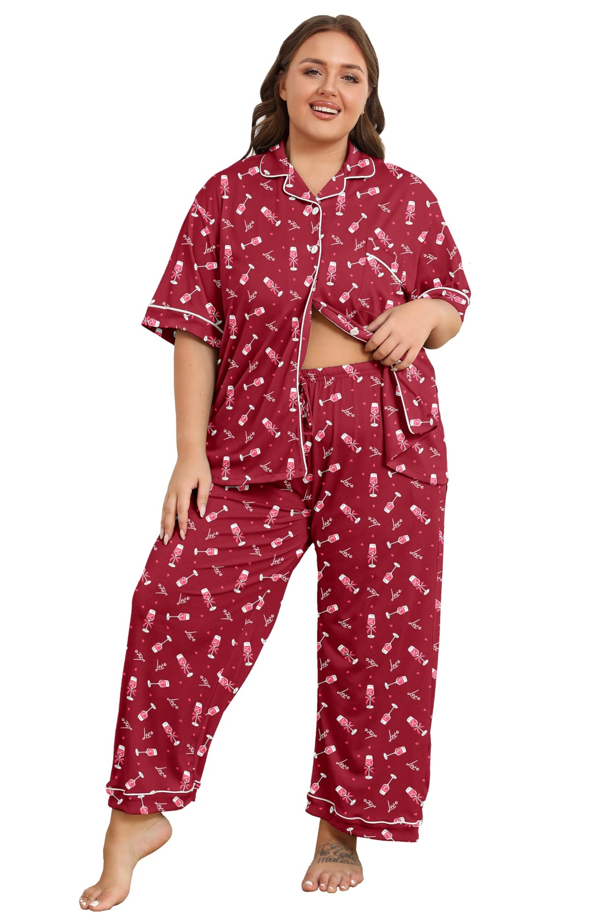 Vozanet Women's Plus Size Pajamas Button Down Shirt and Pants Soft Lounge Sets Bride Nighty Bottom with Pockets 1x to 5x