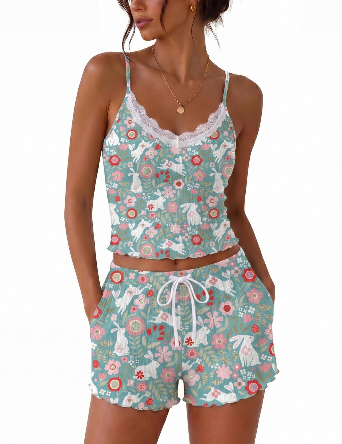 Ekouaer Womens Lace Cami Pajama Lingerie Sets 2 Piece Shorts with Pockets