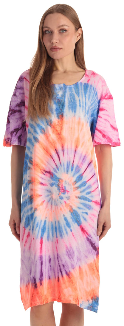 Just Love Women's Tie Dye Nightgown, 100% Cotton Short Sleeve Henley Sleep Shirt