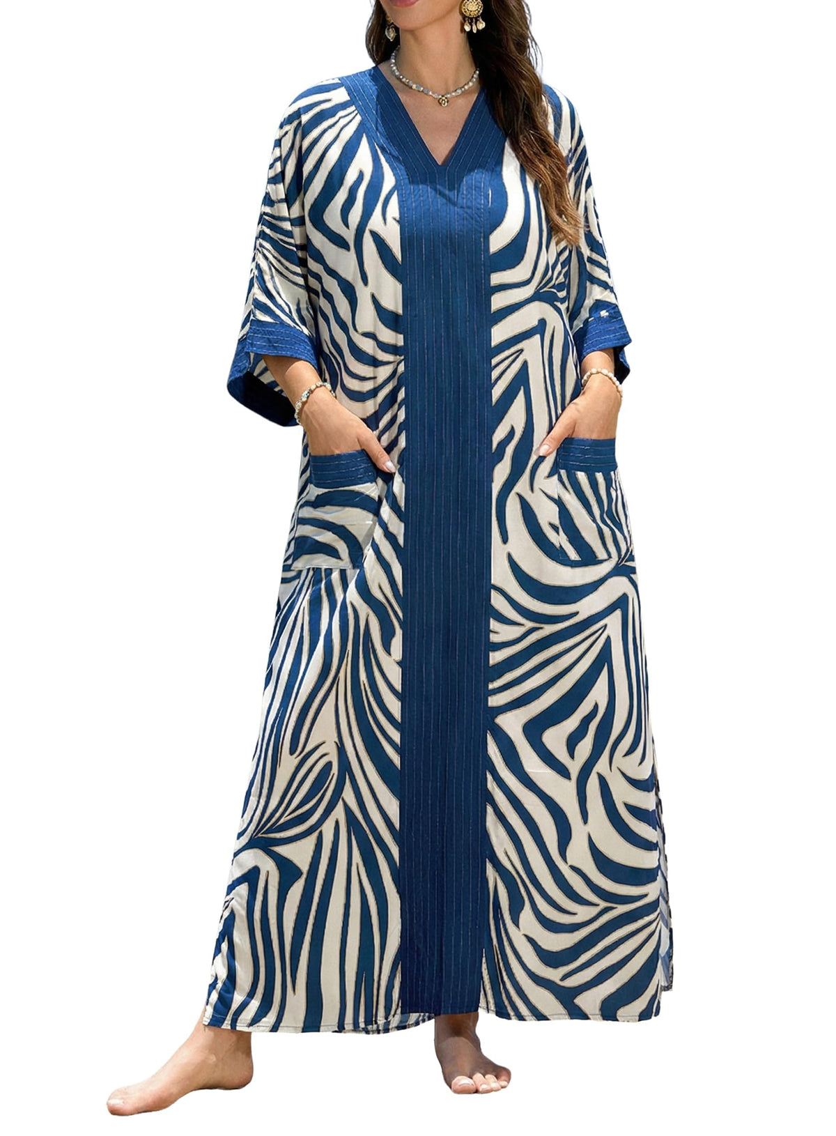 cthseie Women's Kaftan Dress Plus Size V-Neck Pocket Lightweight Swimwear Coverups Moomoo Nightgown Beach Loungewear