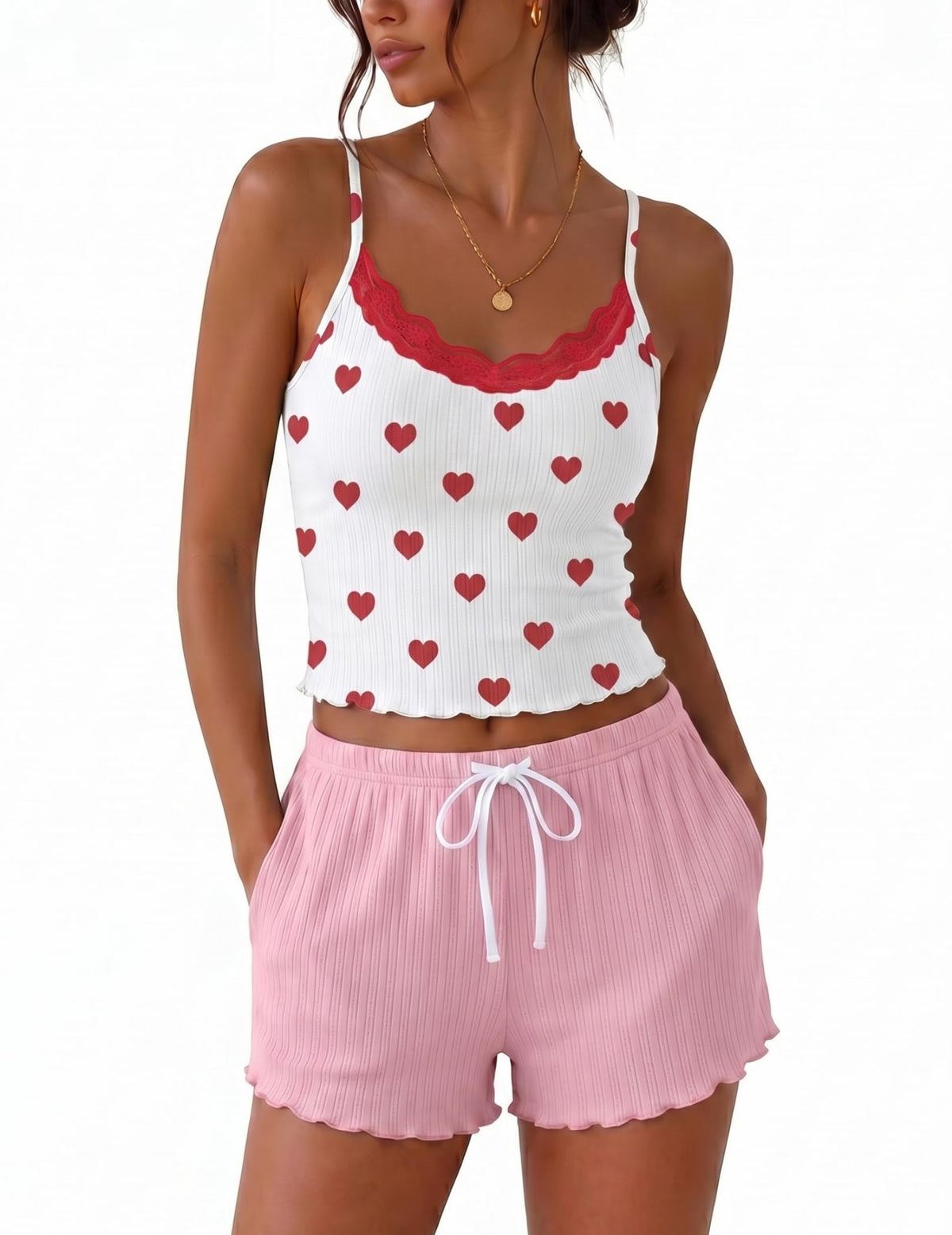 Ekouaer Womens Lace Cami Pajama Lingerie Sets 2 Piece Shorts with Pockets