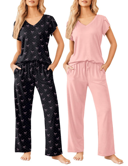 Ekouaer 2 Pack Womens Pajama Set Short Sleeve Sleepwear Soft Pjs Lounge Set