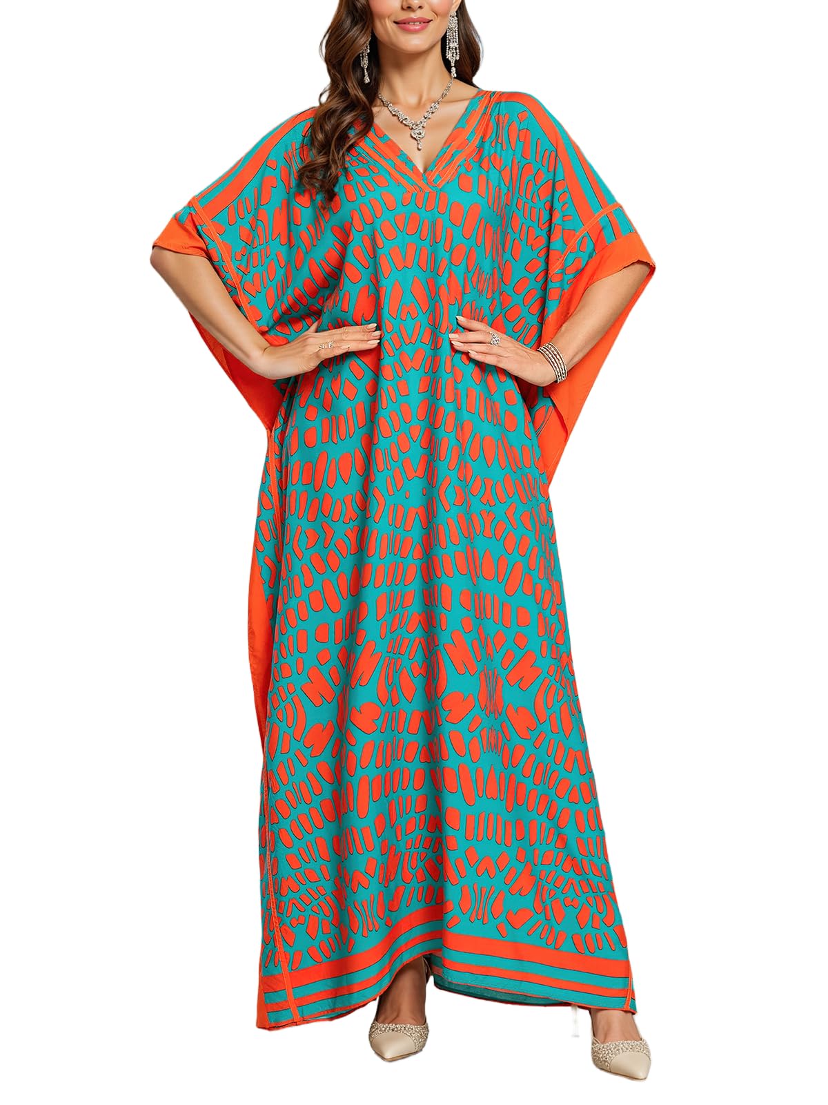 NFVNKJ Plus Size Mumu Dresses for Women - Boho Batwing Sleeve Caftan with Side Slits, Long Moo Moo Nightgown & Beach Cover Up