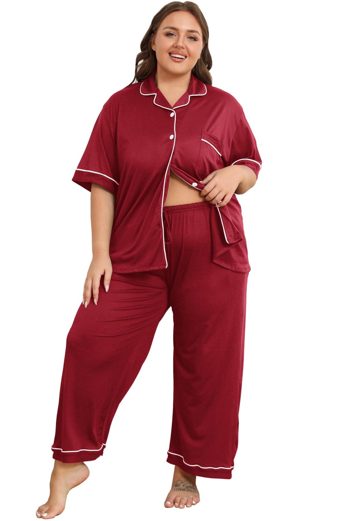 Vozanet Women's Plus Size Pajamas Button Down Shirt and Pants Soft Lounge Sets Bride Nighty Bottom with Pockets 1x to 5x