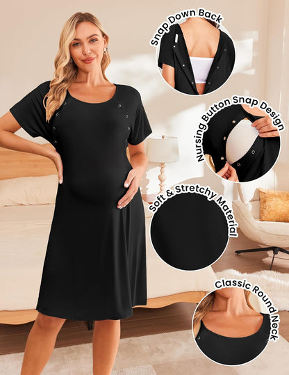 Ekouaer Women’s Nursing/Delivery/Labor/Hospital Nightdress Short Sleeve Maternity Nightgown with Button S-XXL