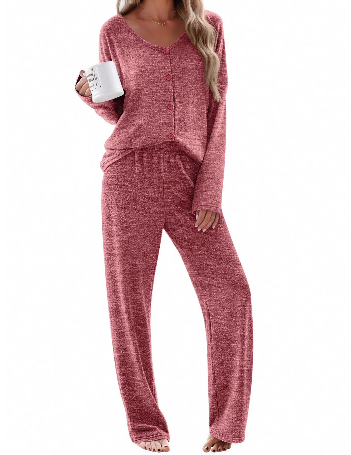 Ekouaer Womens Pajama Sets Button Up Long Sleeve Lounge Set Soft V Neck Pj