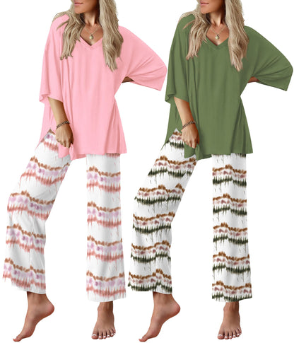 Ekouaer 2 Packs Lounge Set for Women Short Sleeve Pajamas Top and Long Pant