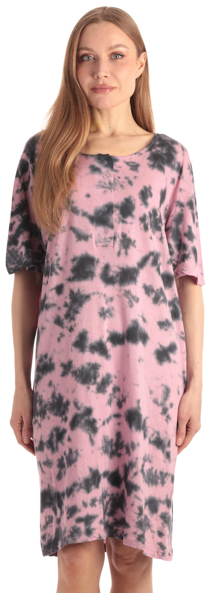 Just Love Women's Tie Dye Nightgown, 100% Cotton Short Sleeve Henley Sleep Shirt