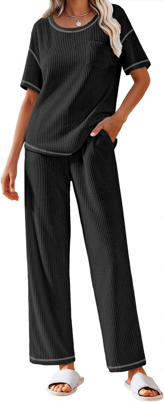 Ekouaer 2 Piece Summer Waffle Knit Lounge Sets For Women Short Sleeve Top and Long Pant Pajama Set Loungewear Pjs Set