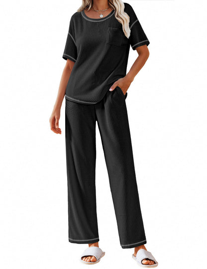 Ekouaer 2 Piece Summer Waffle Knit Lounge Sets For Women Short Sleeve Top and Long Pant Pajama Set Loungewear Pjs Set
