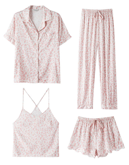 SAPJON Silk Satin 4 Piece Pajamas for Women Set, Camisole Lounge Ruffle Pjs