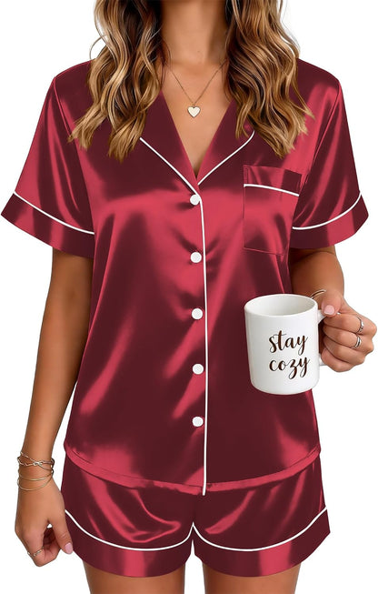 Ekouaer Satin Pajamas for Women Silk Pjs Short Set 2 Piece Lounge Sets